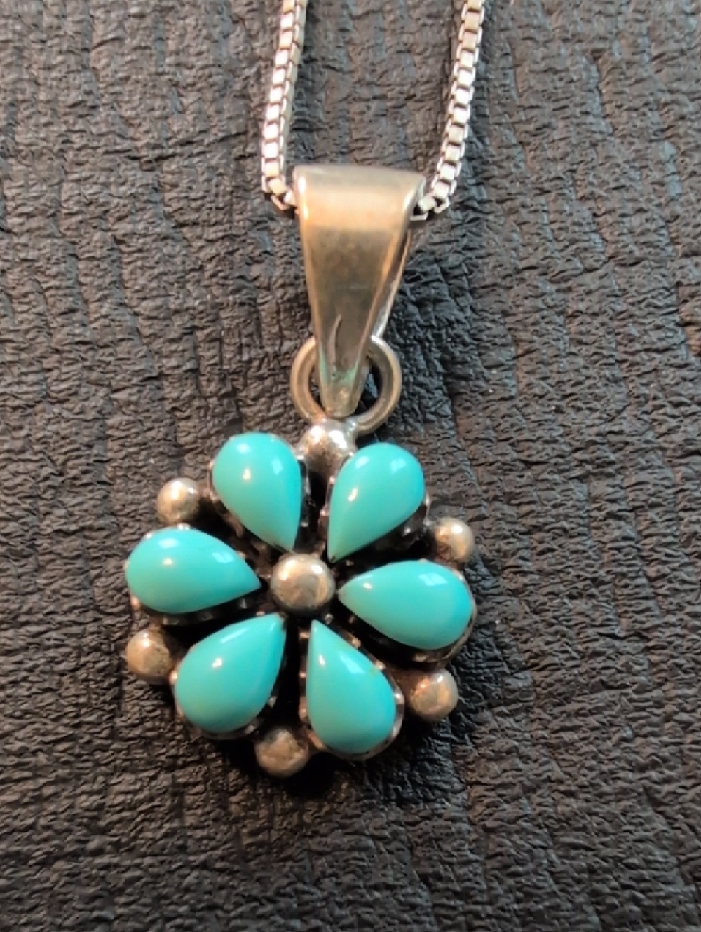 Sterling Silver Turquoise Flower Pendant Necklace - Blue - Picture 3 of 5